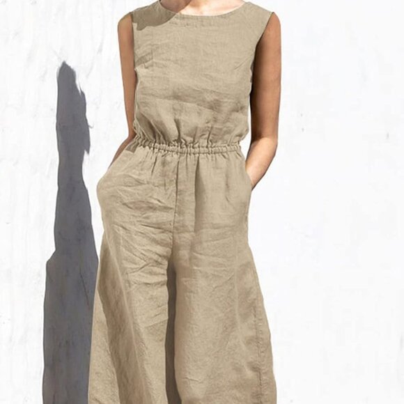 Pants - Ginger Tea Sleeveless Loose Fitting Wide Leg Khaki Jumpsuit